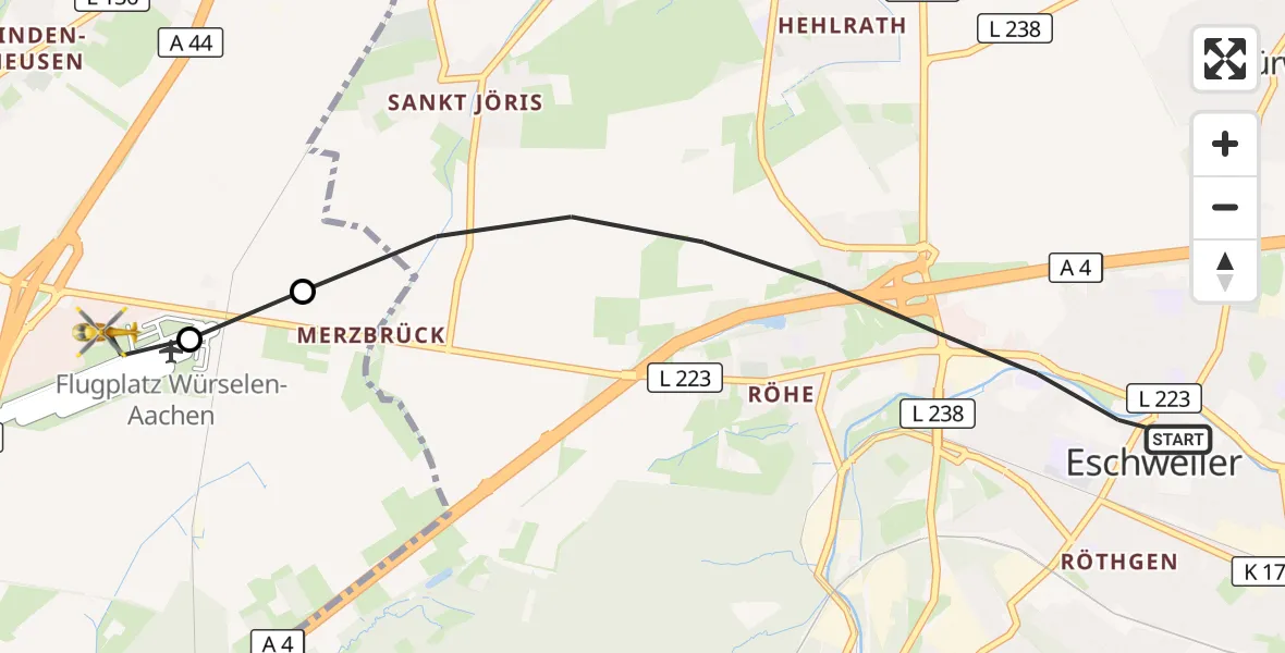 Flugroute Rettungshubschrauber Eschweiler - Aachen-Merzbrück Flughafen, 04 September 2026, 06:10