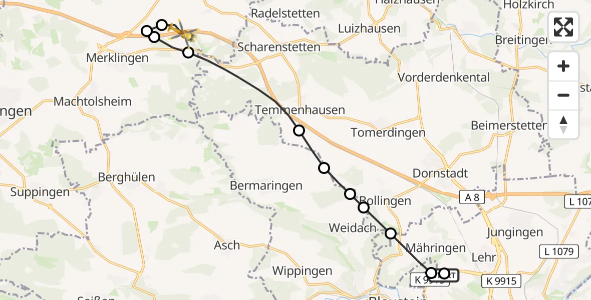 Flugroute Rettungshubschrauber Ulm Military Hospital Emergency - Nellingen, 04 September 2026, 06:14