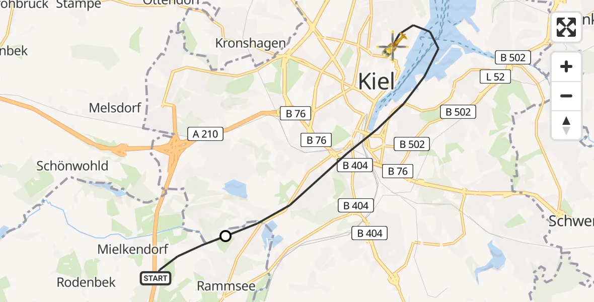Flugroute Ambulanzhubschrauber Mielkendorf - Kiel, 04 September 2026, 06:25