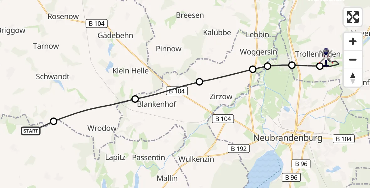 Flugroute Polizeihubschrauber Penzlin - Neubrandenburg Trollenhagen Flughafen, 04 September 2026, 06:56