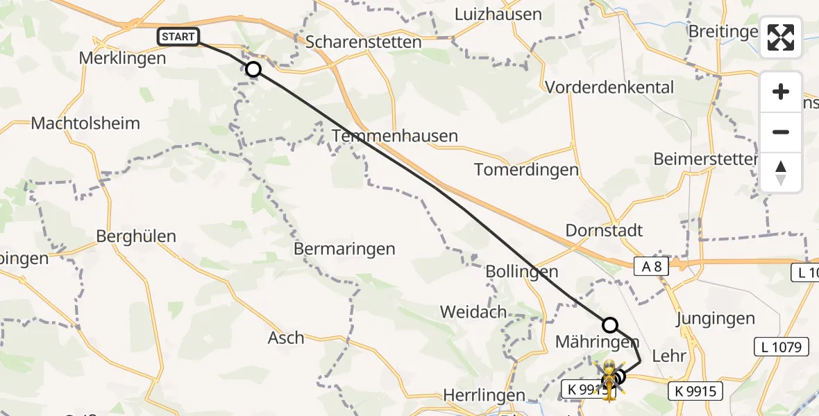 Flugroute Rettungshubschrauber Merklingen - ADAC Air Rescue Station Ulm (Christoph 22), 04 September 2026, 06:58
