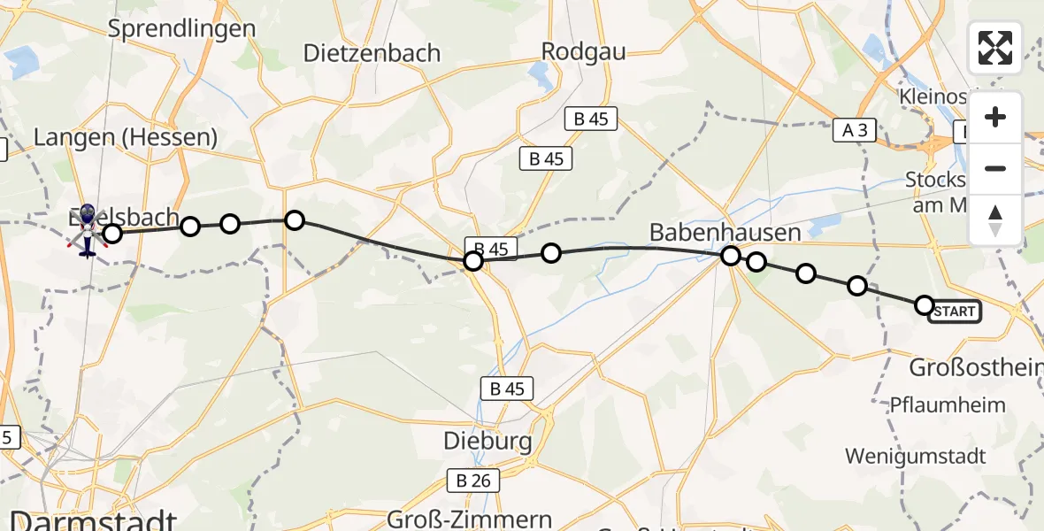 Flugroute Polizeihubschrauber Flugplatz Aschaffenburg - Flughafen Frankfurt-Egelsbach, 04 September 2026, 07:32