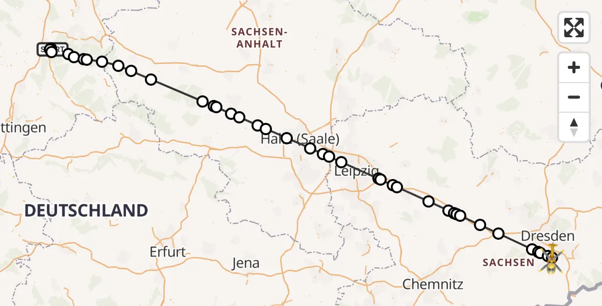Flugroute Rettungshubschrauber Seesen - Bavaria Hospital Kreischa, 04 September 2026, 07:49