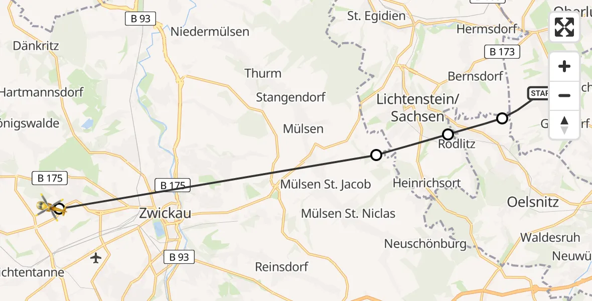 Flugroute Rettungshubschrauber Gersdorf - ADAC Air Rescue Station Zwickau Hubschrauberlandeplatz, 04 September 2026, 08:01