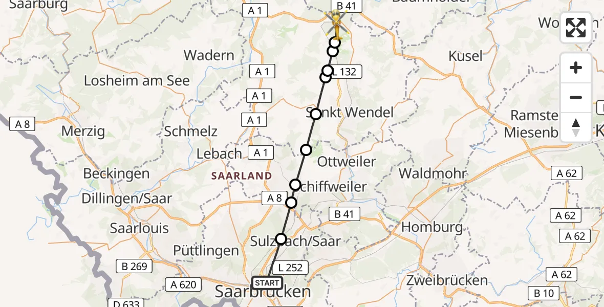 Flugroute Rettungshubschrauber Saarbrücken - Nohfelden, 04 September 2026, 08:11