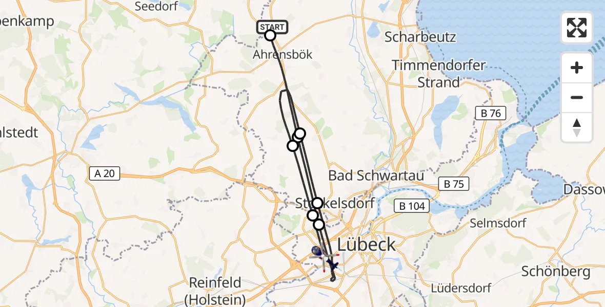 Flugroute Polizeihubschrauber Christoph 12 Luftrettungszentrum - Lübeck, 04 September 2026, 08:11