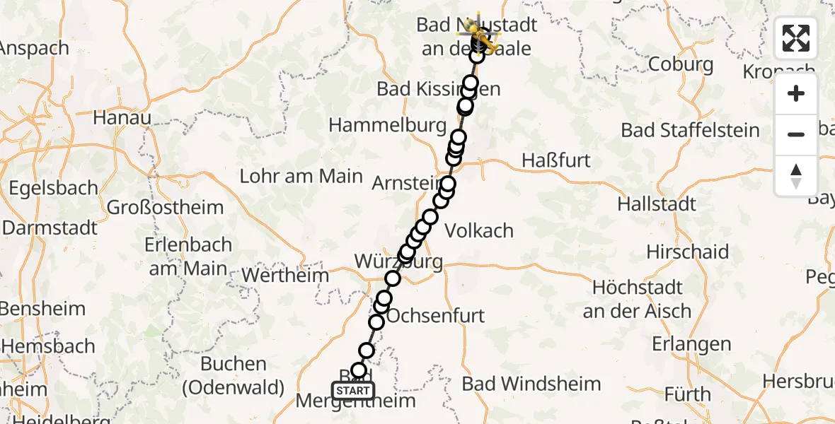 Flugroute Rettungshubschrauber Bad Mergentheim - Bad Neustadt an der Saale Hospital, 04 September 2026, 08:14
