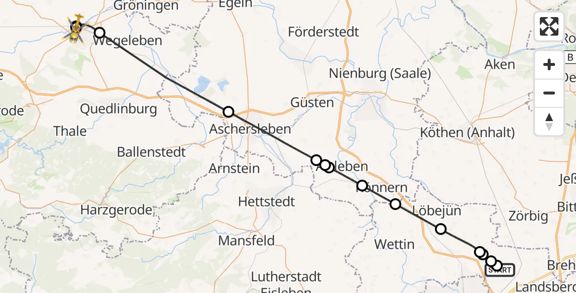 Flugroute Rettungshubschrauber Halle-Oppin Flugplatz - AMEOS Hospital Sankt Salvator Halberstadt, 04 September 2026, 08:21