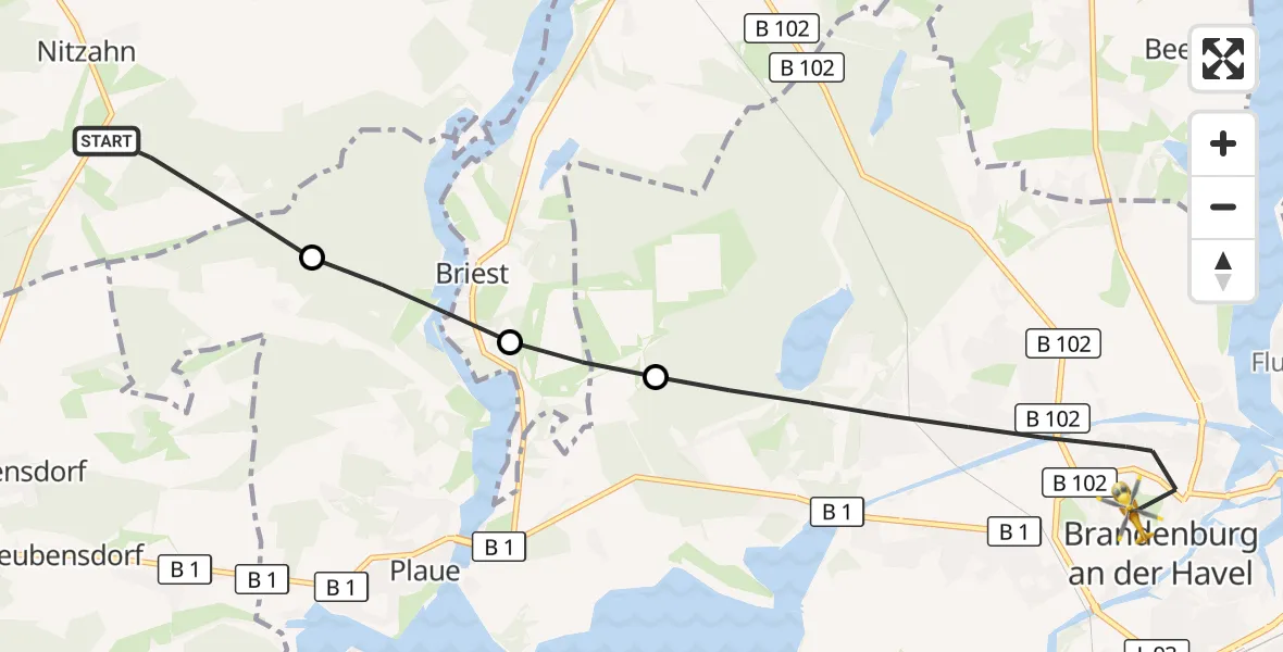 Flugroute Rettungshubschrauber Milower Land - Brandenburg an der Havel, 04 September 2026, 08:23