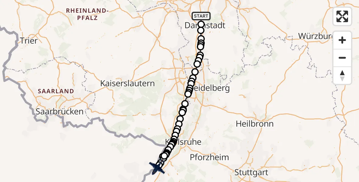 Flugroute Polizeiflugzeug Weiterstadt - Hügelsheim, 04 September 2026, 08:48