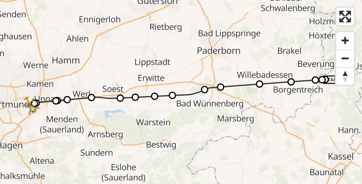 Flugroute Rettungshubschrauber Trendelburg - Dortmund Flughafen, 04 September 2026, 08:48