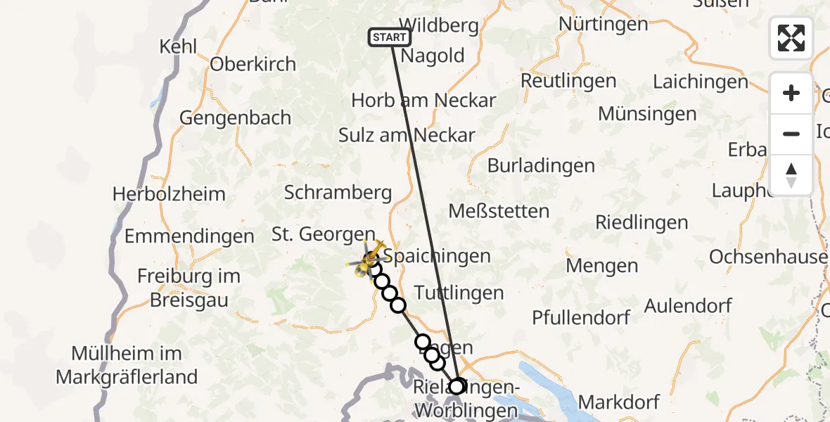Flugroute Ambulanzhubschrauber Altensteig - DRF Air Rescue Station Villingen-Schwenningen Hubschrauberlandeplatz (Christoph 11), 04 September 2026, 08:57
