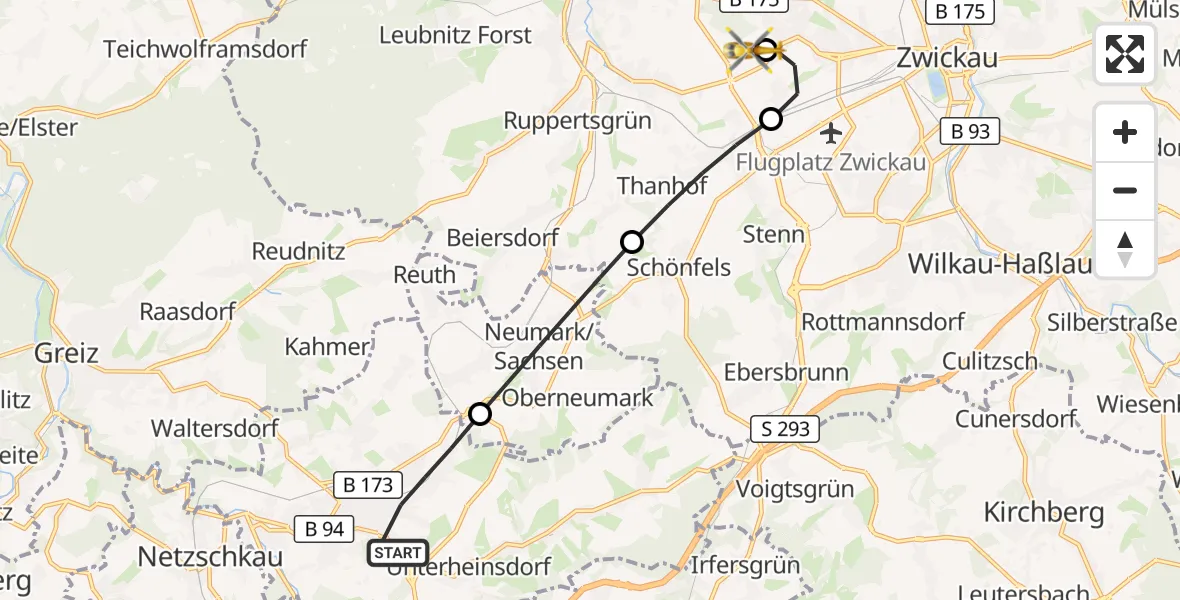 Flugroute Rettungshubschrauber Reichenbach im Vogtland - ADAC Air Rescue Station Zwickau Hubschrauberlandeplatz, 04 September 2026, 08:58