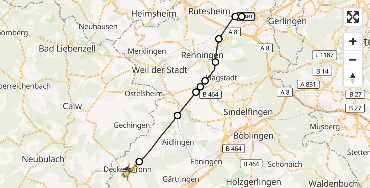 Flugroute Rettungshubschrauber Leonberg Hospital - Deckenpfronn, 04 September 2026, 09:08