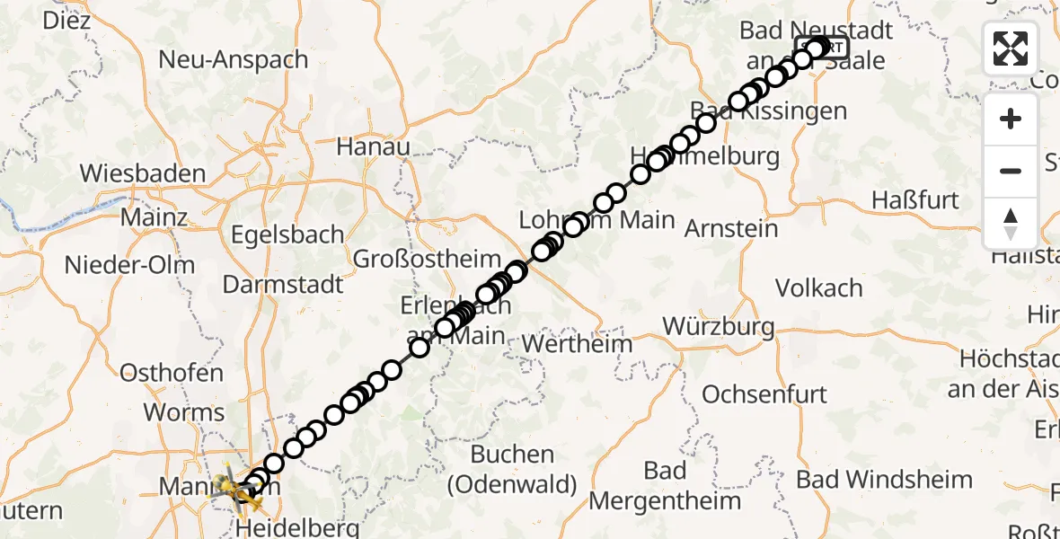 Flugroute Rettungshubschrauber Bad Neustadt an der Saale Hospital - Mannheim-City Flughafen, 04 September 2026, 09:12