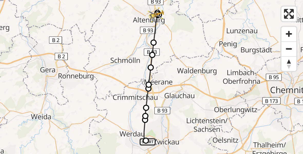 Flugroute Rettungshubschrauber ADAC Air Rescue Station Zwickau Hubschrauberlandeplatz - Altenburg, 04 September 2026, 09:16