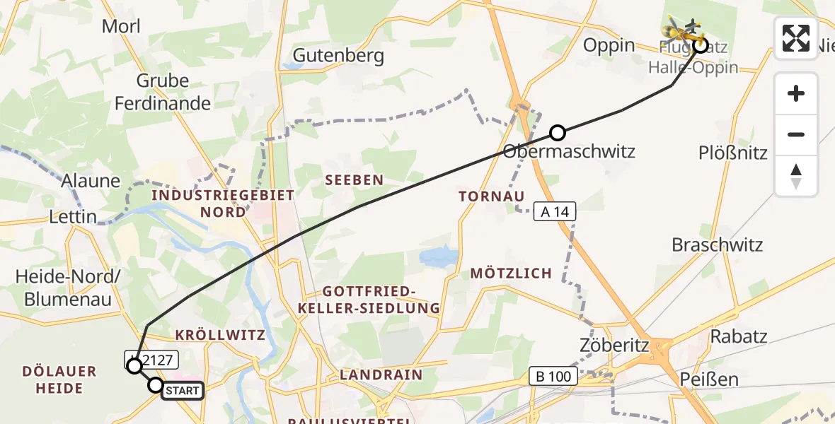 Flugroute Rettungshubschrauber Halle (Saale) University Hospital - Halle-Oppin Flugplatz, 04 September 2026, 09:17