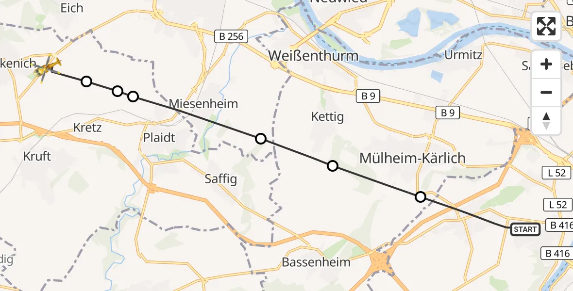 Flugroute Rettungshubschrauber Koblenz - Nickenich, 04 September 2026, 09:23