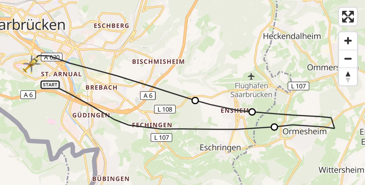 Flugroute Rettungshubschrauber Saarbrücken - Saarbrücken, 04 September 2026, 09:33