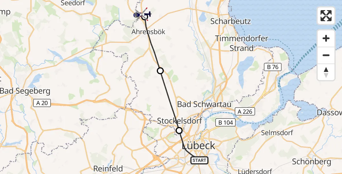 Flugroute Polizeihubschrauber Lübeck - Christoph 12 Luftrettungszentrum, 04 September 2026, 09:34