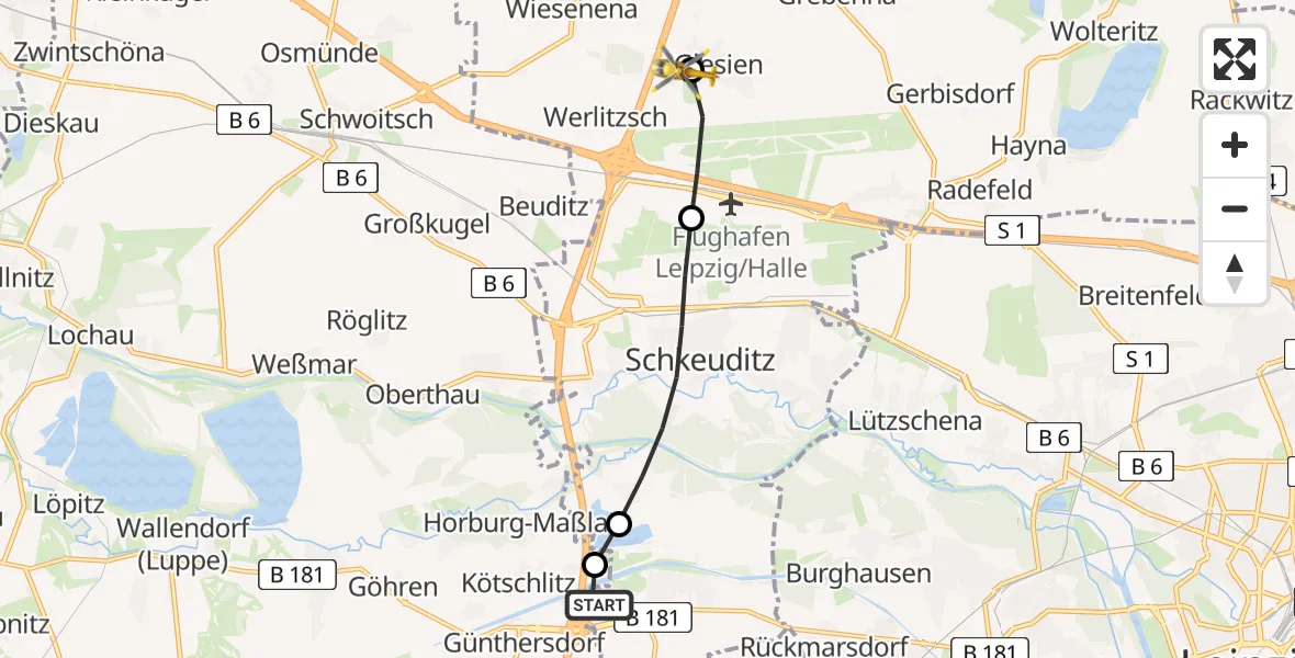 Flugroute Rettungshubschrauber ADAC Air Rescue Station Leipzig/Schkeuditz-Dölzig Hubschrauberlandeplatz (Christoph 61) - Schkeuditz, 04 September 2026, 09:35