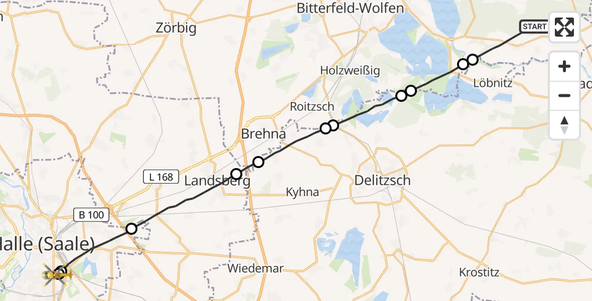 Flugroute Rettungshubschrauber Muldestausee - BG Hospital Bergmannstrost Halle, 04 September 2026, 09:43