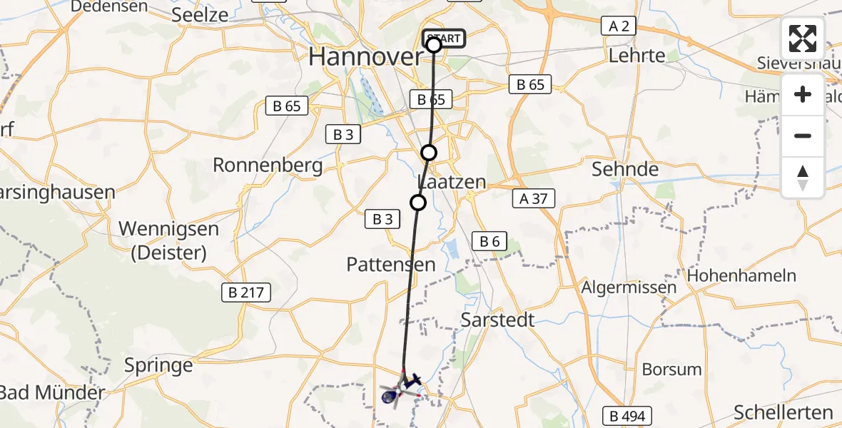 Flugroute Polizeihubschrauber Hannover Luftrettung Hubschrauberlandeplatz (Christoph 4) - Pattensen, 04 September 2026, 09:44