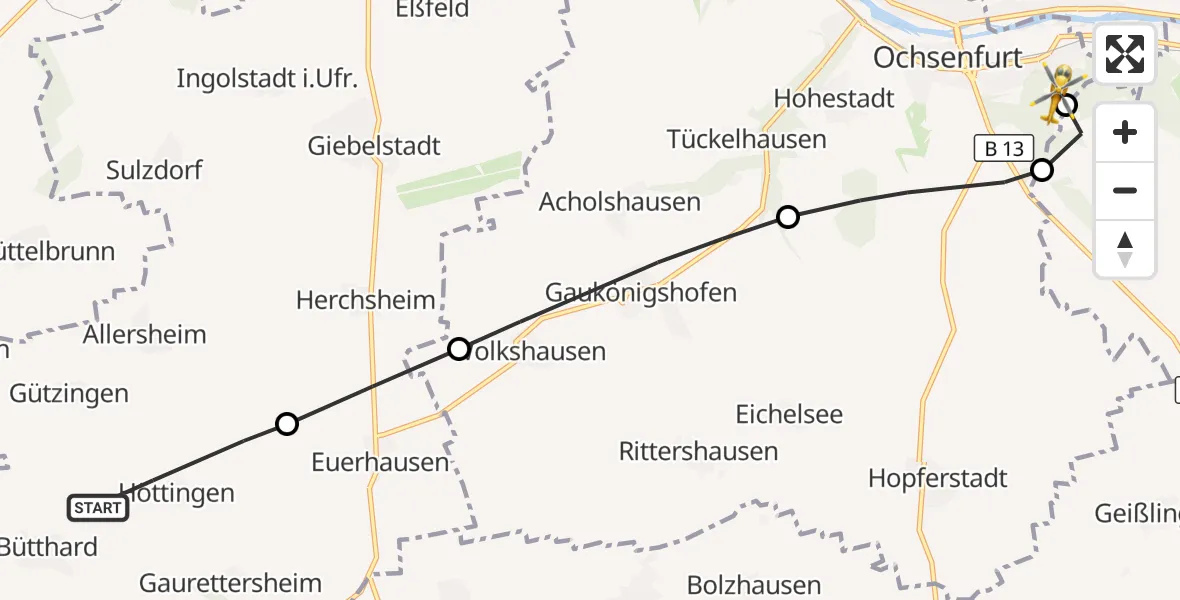 Flugroute Rettungshubschrauber Bütthard - Ochsenfurt Hospital, 04 September 2026, 09:46