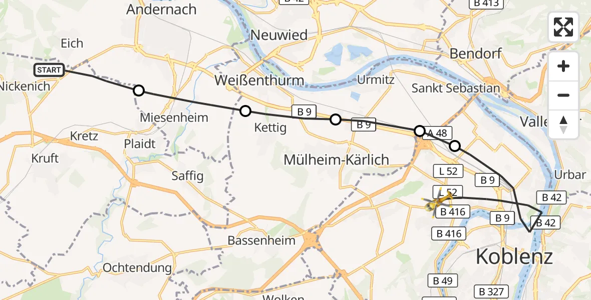Flugroute Rettungshubschrauber Nickenich - Koblenz, 04 September 2026, 09:56