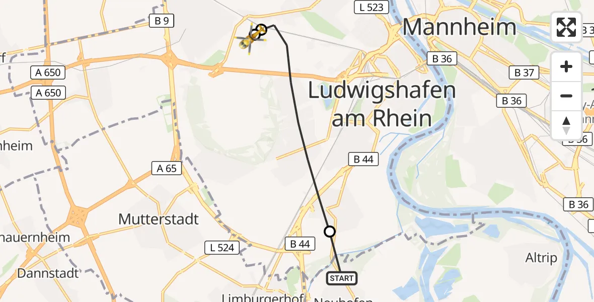 Flugroute Rettungshubschrauber Neuhofen - Ludwigshafen Accident Hospital, 04 September 2026, 09:57