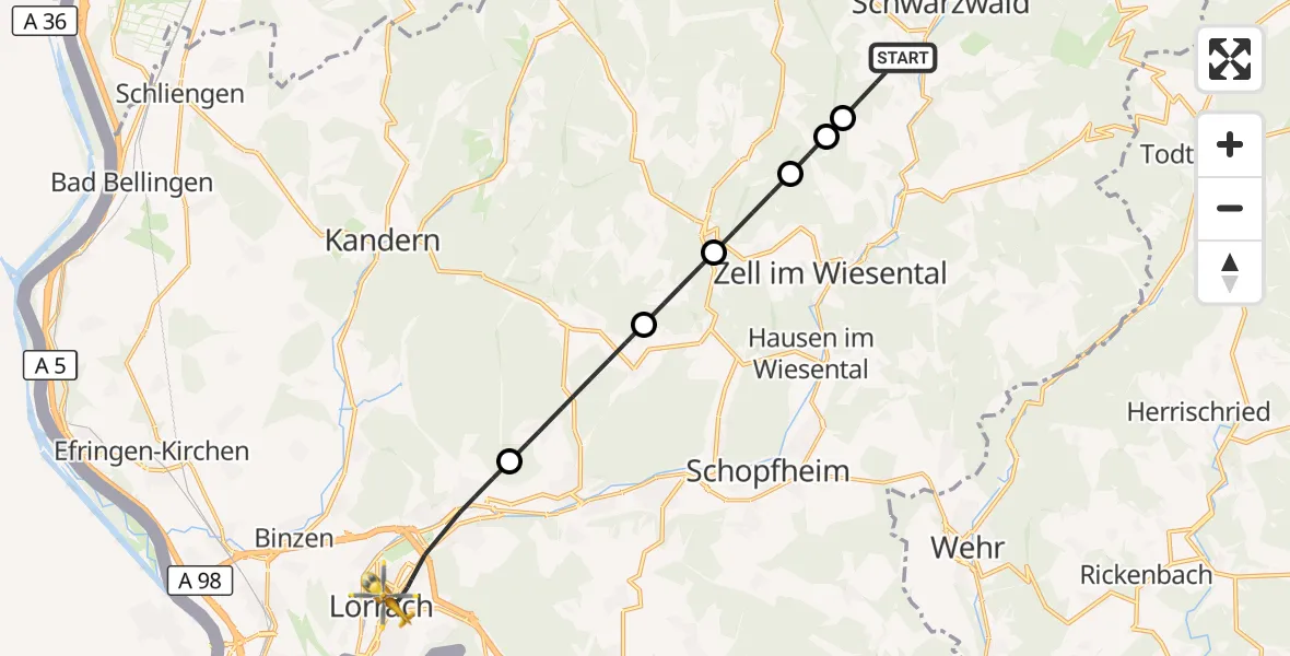 Flugroute Ambulanzhubschrauber Fröhnd - Lörrach, 04 September 2026, 10:03