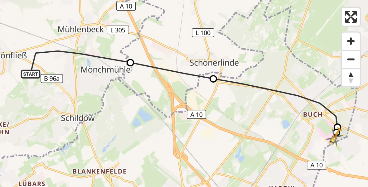 Flugroute Rettungshubschrauber Mühlenbecker Land - Helios Clinic Berlin-Buch, 04 September 2026, 10:16