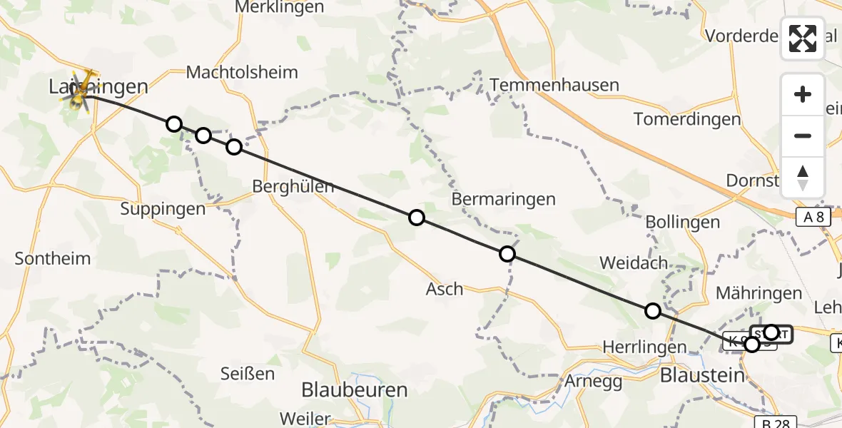 Flugroute Rettungshubschrauber Ulm Military Hospital Emergency - Laichingen, 04 September 2026, 10:25