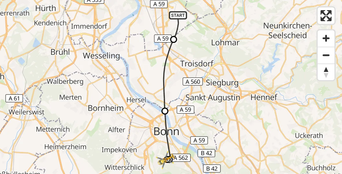 Flugroute Rettungshubschrauber Köln Bonn Flughafen - Bonn University Hospital, 04 September 2026, 10:29