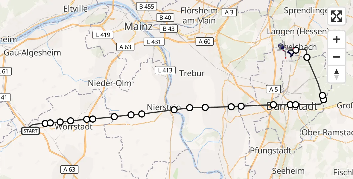 Flugroute Polizeihubschrauber Gau-Bickelheim - Flughafen Frankfurt-Egelsbach, 04 September 2026, 10:31