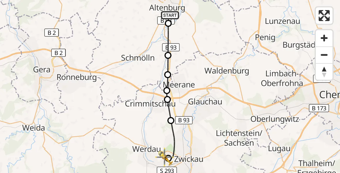 Flugroute Rettungshubschrauber Altenburg - ADAC Air Rescue Station Zwickau Hubschrauberlandeplatz, 04 September 2026, 10:31