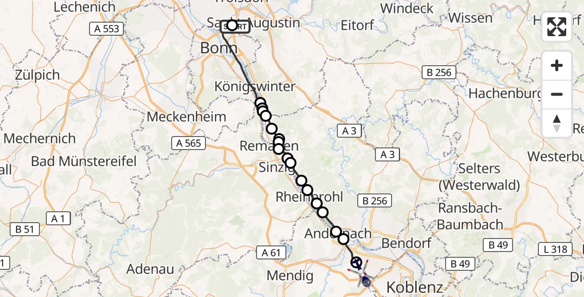 Flugroute Polizeihubschrauber Sankt Augustin - Bassenheim, 04 September 2026, 10:33
