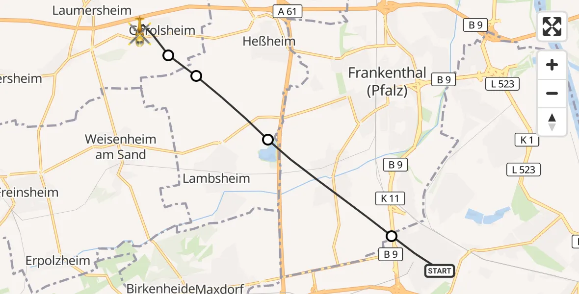Flugroute Rettungshubschrauber Ludwigshafen am Rhein - Gerolsheim, 04 September 2026, 10:35