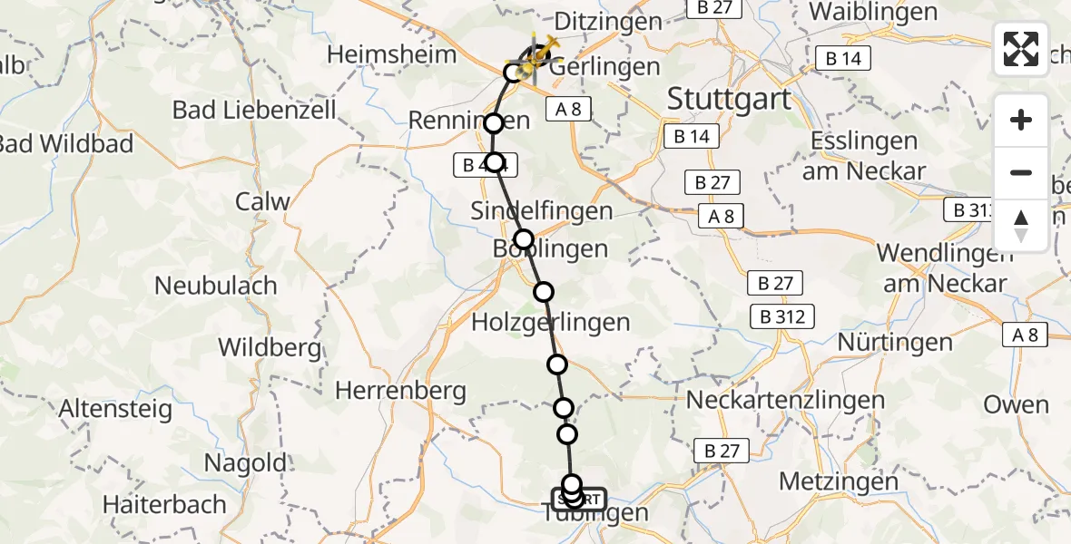 Flugroute Rettungshubschrauber Tübingen University Hospital - Leonberg Hospital, 04 September 2026, 10:37