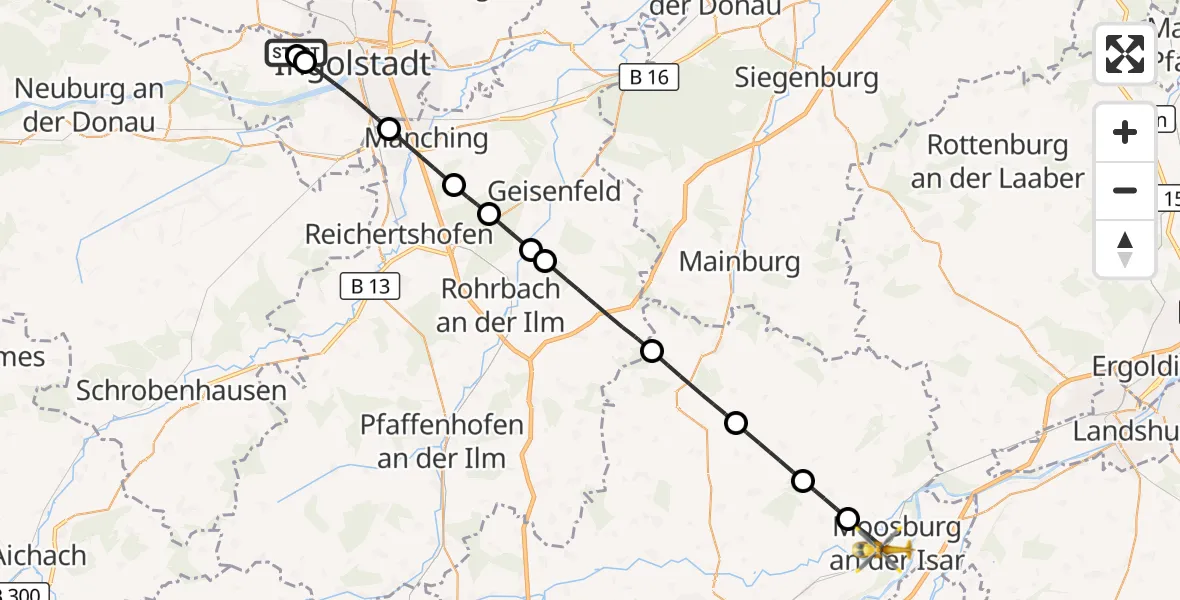 Flugroute Rettungshubschrauber Ingolstadt Hospital - Moosburg a.d.Isar, 04 September 2026, 10:37