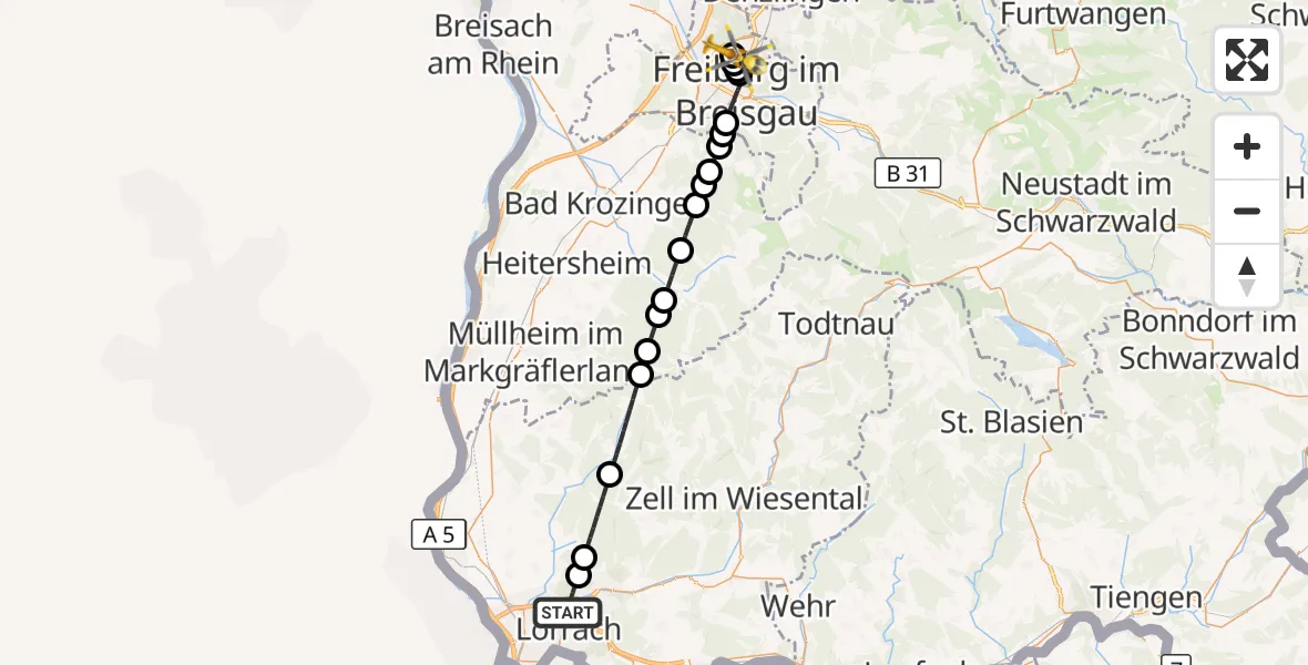 Flugroute Ambulanzhubschrauber Lörrach - Freiburg im Breisgau Flugplatz, 04 September 2026, 10:39