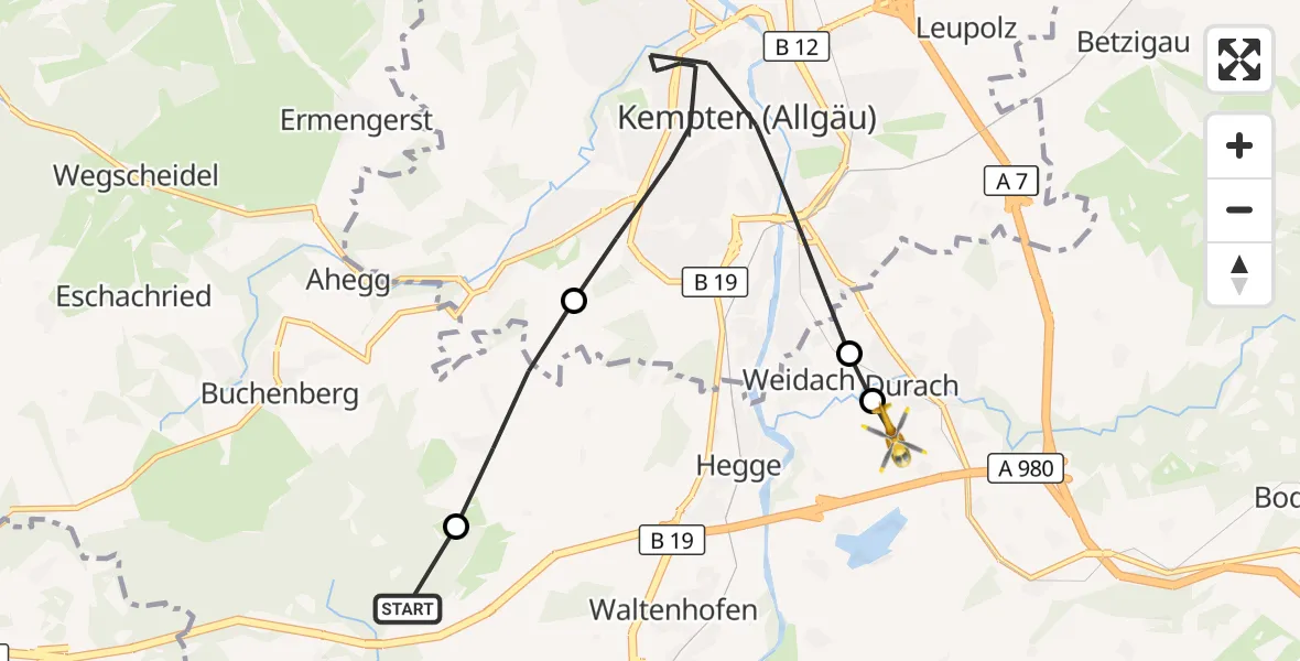 Flugroute Rettungshubschrauber Waltenhofen - Kempten-Durach Flugplatz, 04 September 2026, 10:51
