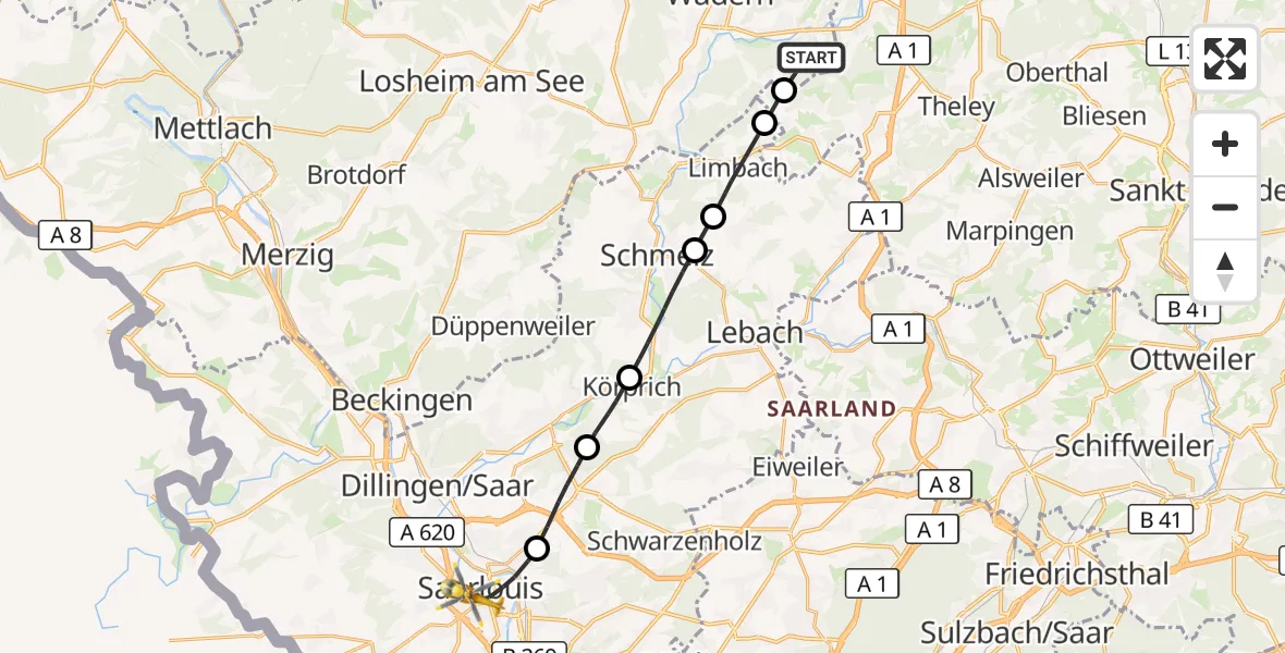 Flugroute Rettungshubschrauber Wadern - Saarlouis, 04 September 2026, 10:58