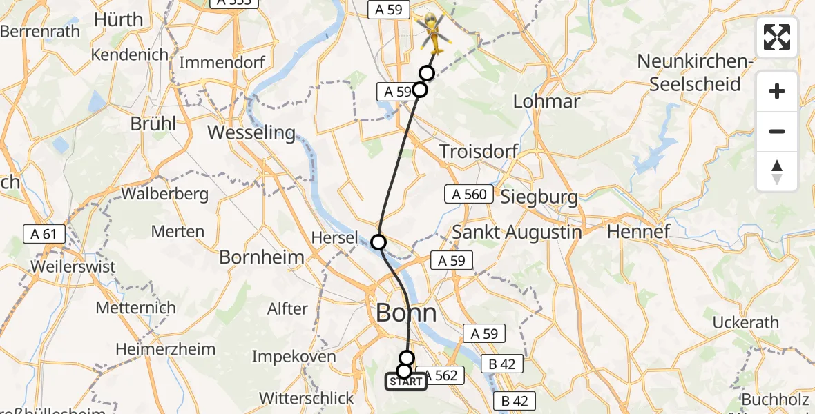 Flugroute Rettungshubschrauber Bonn University Hospital - Köln Bonn Flughafen, 04 September 2026, 11:03
