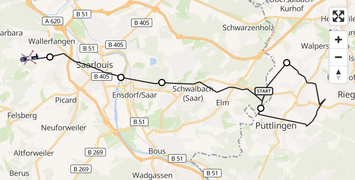 Flugroute Polizeihubschrauber Schwalbach - Wallerfangen, 04 September 2026, 11:05