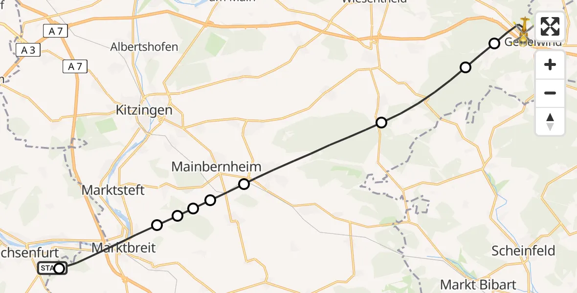 Flugroute Rettungshubschrauber Ochsenfurt Hospital - Geiselwind, 04 September 2026, 11:07
