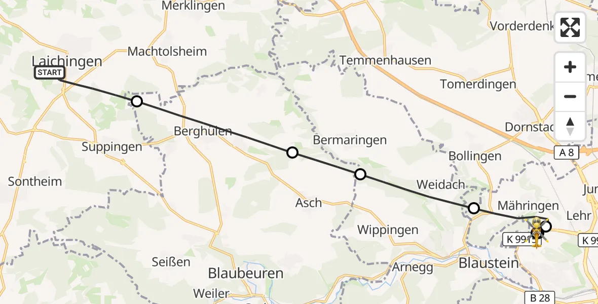 Flugroute Rettungshubschrauber Laichingen - ADAC Air Rescue Station Ulm (Christoph 22), 04 September 2026, 11:10