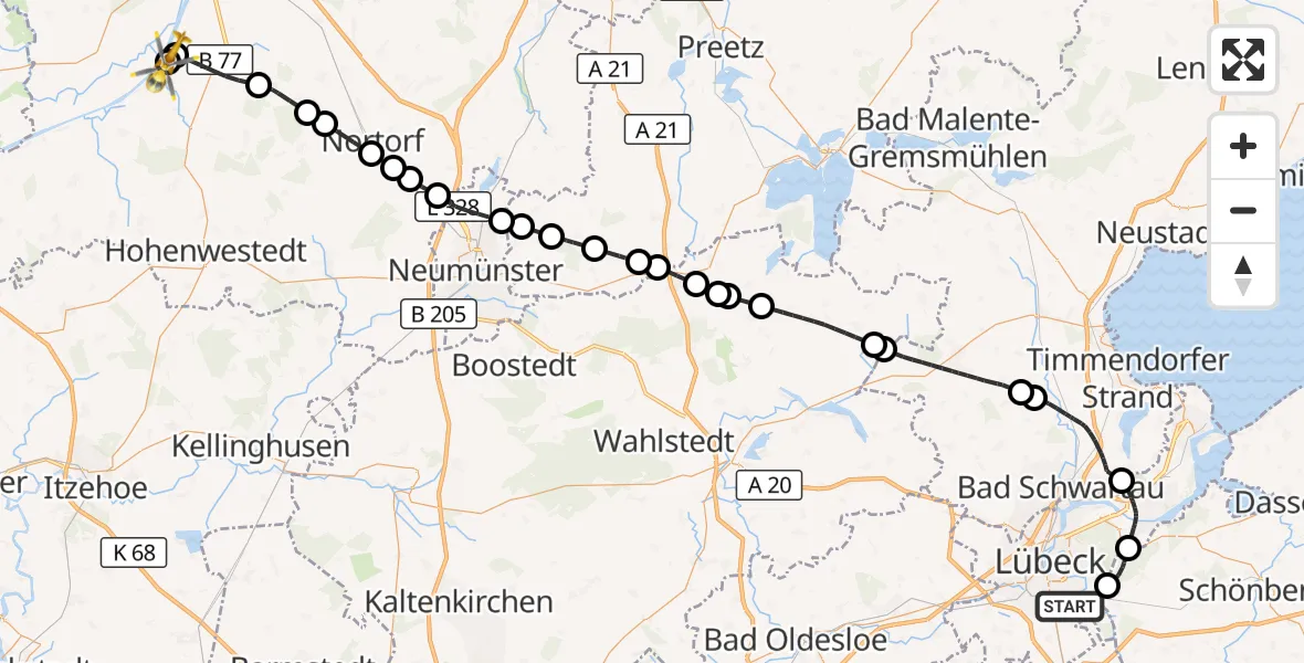 Flugroute Ambulanzhubschrauber Lübeck - Hörsten, 04 September 2026, 11:11