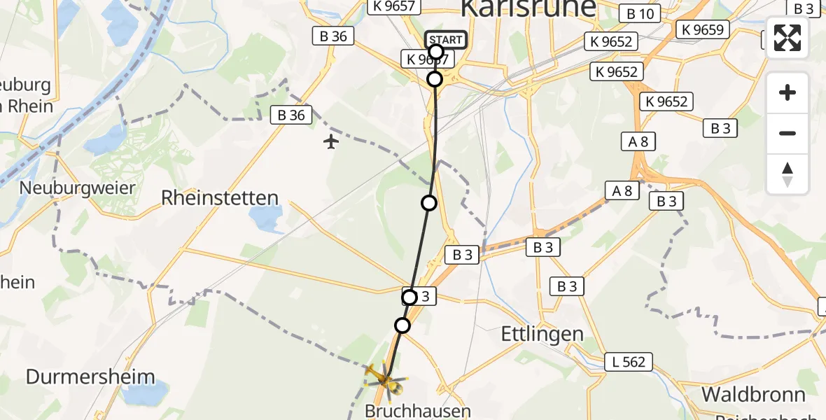 Flugroute Ambulanzhubschrauber Sankt Vincentius Hospital - Ettlingen, 04 September 2026, 11:14