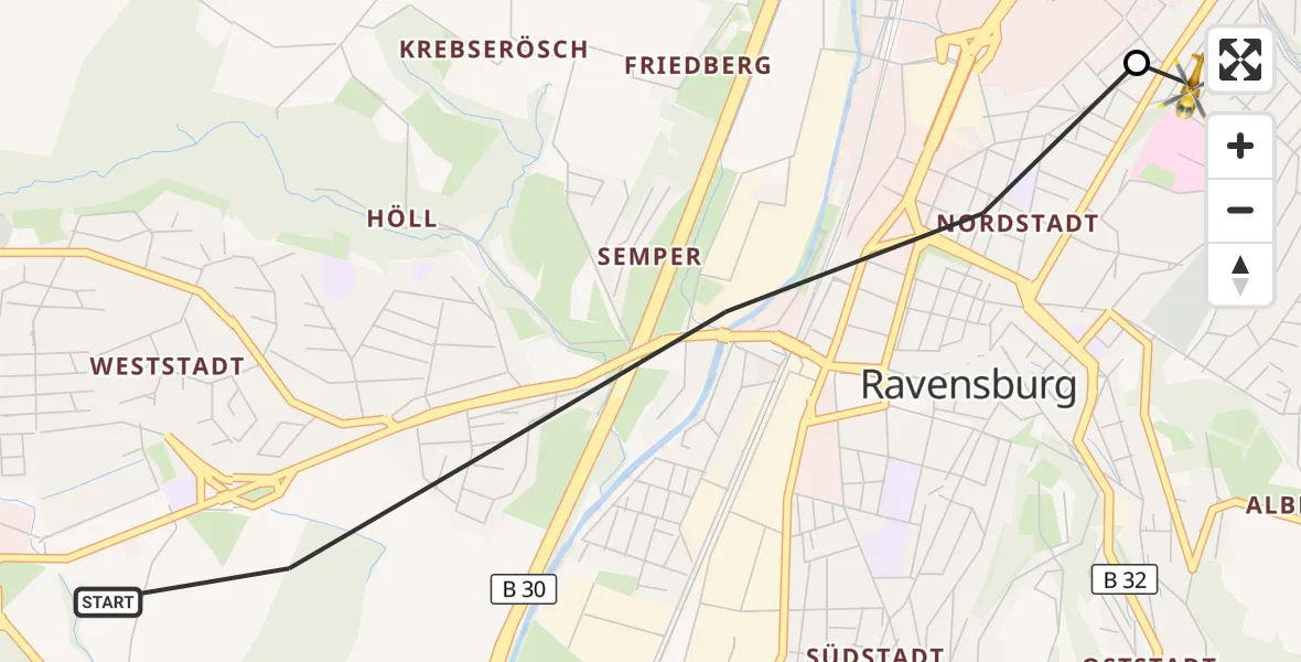 Flugroute Rettungshubschrauber Ravensburg - Sankt Elisabeth Hospital, 04 September 2026, 11:18